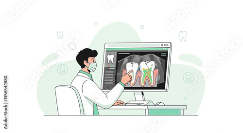Dentist examining 3D dental scan on computer screen, modern dental clinic concept