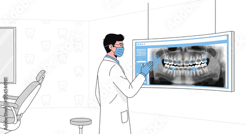 Dentist examines digital dental X-ray on screen in modern clinic, showing braces and teeth structure
