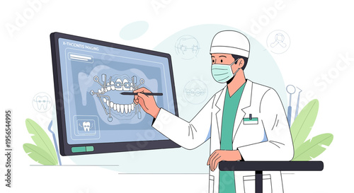 Dentist Examining 3D Dental Scan on Screen, Modern Dentistry Technology