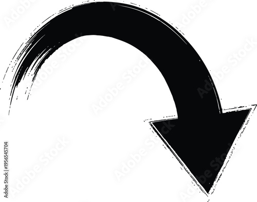 A black arrow curving downward in a smooth fluid motion on a white background with a brush stroke effect
