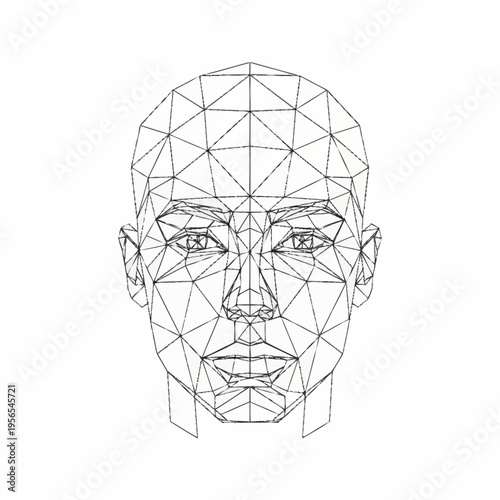 Abstract geometric human face wireframe on a white background.