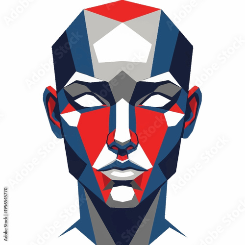 Abstract geometric human head illustration with red and blue polygons.