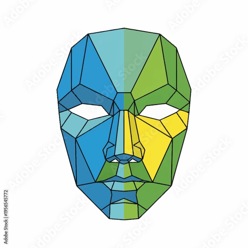 Abstract geometric mask with colorful polygonal design.