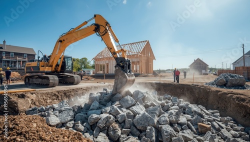 Excavators use granite rubble to level excavation irregularities for concrete foundations in construction.