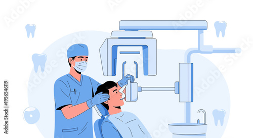 Dentist performing dental X-ray on patient with modern equipment, dental care concept