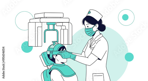 Dentist performing dental X-ray scan on patient wearing VR headset for comfort
