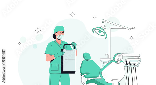 Dentist Holding Chart in Dental Clinic with Patient in Chair