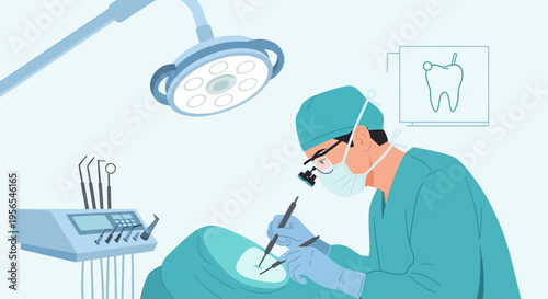 Dentist performing surgery with modern equipment and dental X-ray