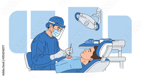 Dentist in protective gear examining patient's teeth with dental tools in clinic
