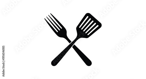 Black fork and spatula crossed a simple kitchen utensil silhouette