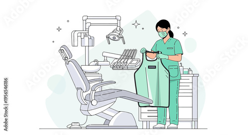Dentist in Scrubs Prepares Dental X-Ray Apron in Modern Clinic
