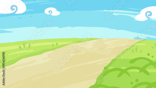 絵の具で描いたような和風な雰囲気のある草原と道の背景イラスト_16:9