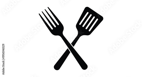Black fork and spatula crossed a minimalist kitchen utensil silhouette