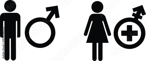 Black and white vector icons representing male and female gender symbols with a medical cross sign Vector
