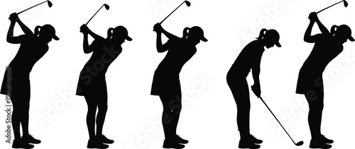 WebBlack silhouettes of female golfer swinging club, woman golf player in various action poses, sport training sequence isolated on white background
