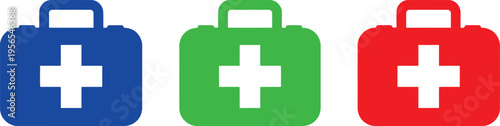 Three colorful first aid kit icons in blue green and red isolated on a solid white background Vector