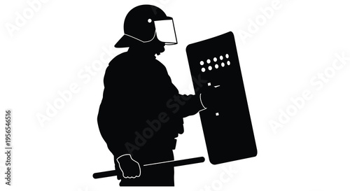 Riot police officer with shield and baton stark black silhouette