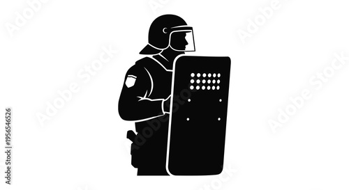 Riot police officer holding a shield stark black silhouette