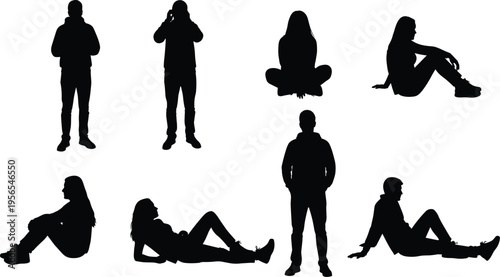 Black, people, silhouettes, set, isolated, on, white, background, men, and, women, standing, sitting, lying, down, collection, vector, human, figure, icons.