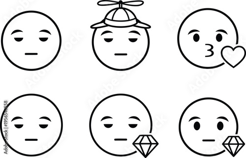 A collection of six minimalist black and white line art emoji icons with various unique features Vector