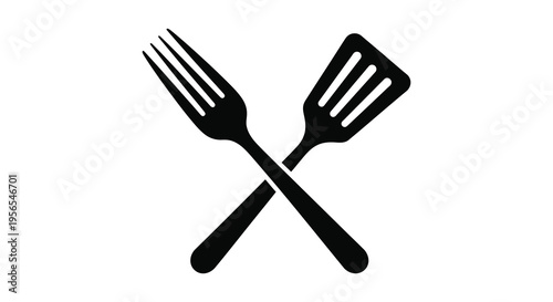 Black fork and spatula crossed a simple kitchen utensil silhouette