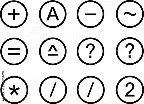 A collection of twelve circular icons featuring various mathematical and symbolic characters isolated Vector