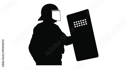 Riot police officer with shield depicted in stark black silhouette