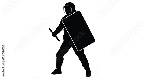 Riot police officer with shield and baton stark black silhouette