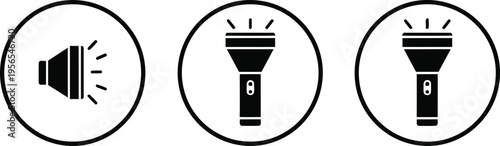 A set of three minimalist black vector icons depicting flashlights in various orientations shown Vector