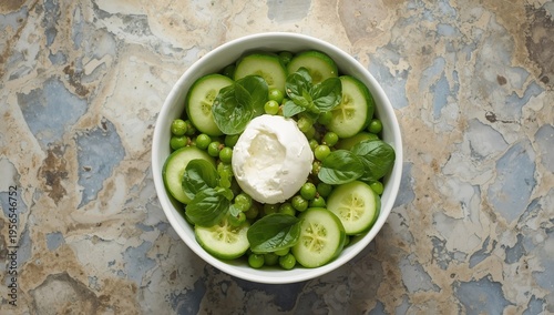 Top view of a salad with burrata, cucumber, peas, and basil on a beige and blue stone surface, horizontal angle.