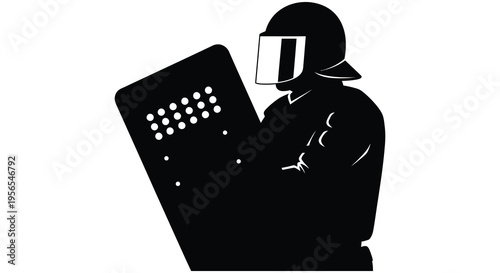 Riot police officer holding a shield stark black silhouette