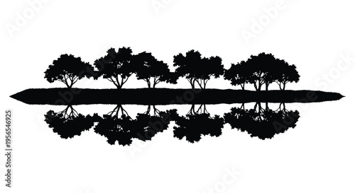 Trees and their reflection create a striking black landscape silhouette