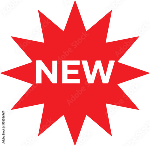 A bright red twelve-pointed star burst shape featuring the word new in bold white capital letters Vector