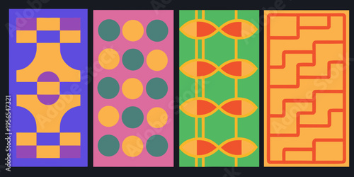 Four vibrant vertically oriented panels with geometric and abstract designs