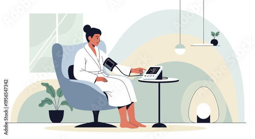 Woman checks blood pressure at home, health monitoring, self-care, comfortable living room