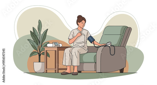 Woman checks blood pressure at home, medical device, healthcare, self-care, comfort
