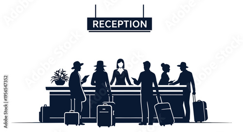 People checking in at a hotel reception desk dark blue silhouette