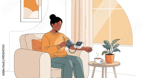 Woman checks blood pressure at home, healthy lifestyle, self-care, comfortable living room