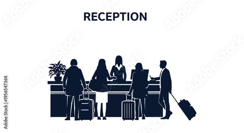 Hotel reception desk with guests and staff in dark silhouette