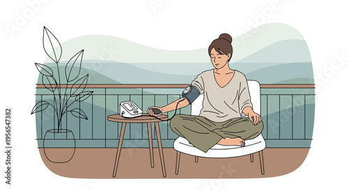 Woman checks blood pressure on balcony with ocean view, promoting health and wellness.