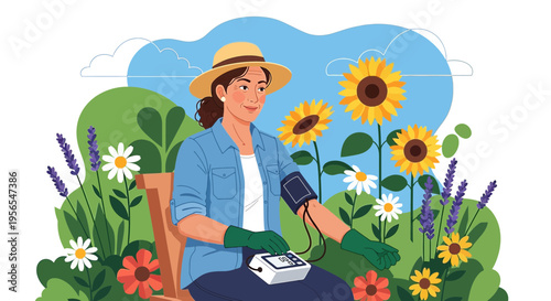 Woman checks blood pressure while gardening surrounded by sunflowers and lavender