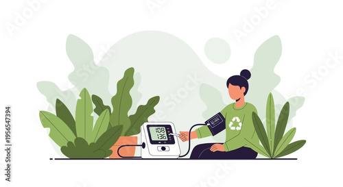 Woman checks blood pressure with digital monitor surrounded by lush green plants, health and wellness concept