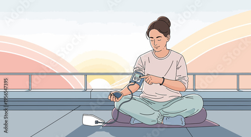 Woman checks blood pressure while meditating outdoors at sunrise, promoting health and wellness.