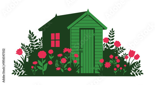 Charming garden shed surrounded by colorful flowers a striking silhouette