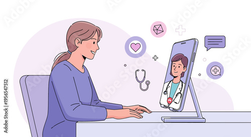 Woman having online consultation with doctor on computer, telemedicine concept