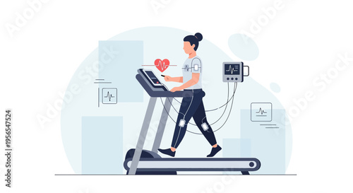 Woman exercising on treadmill with heart rate monitor and medical equipment