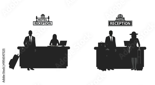 Hotel reception desk with staff and guests a stark silhouette