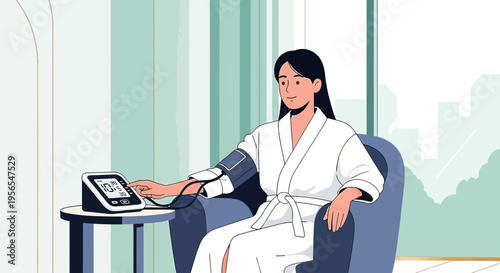 Woman in bathrobe checks blood pressure at home, health monitoring, medical device