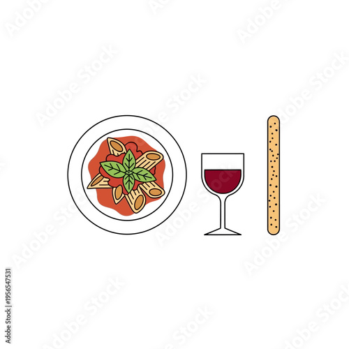 Italian Penne Pasta with Tomato Sauce, Basil, Breadstick and Red Wine