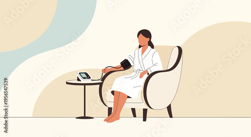 Woman in bathrobe checks blood pressure at home, health monitoring, wellness concept